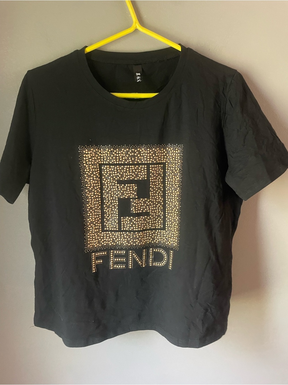 Fendi Black T-Shirt with Gold Studded Logo Square